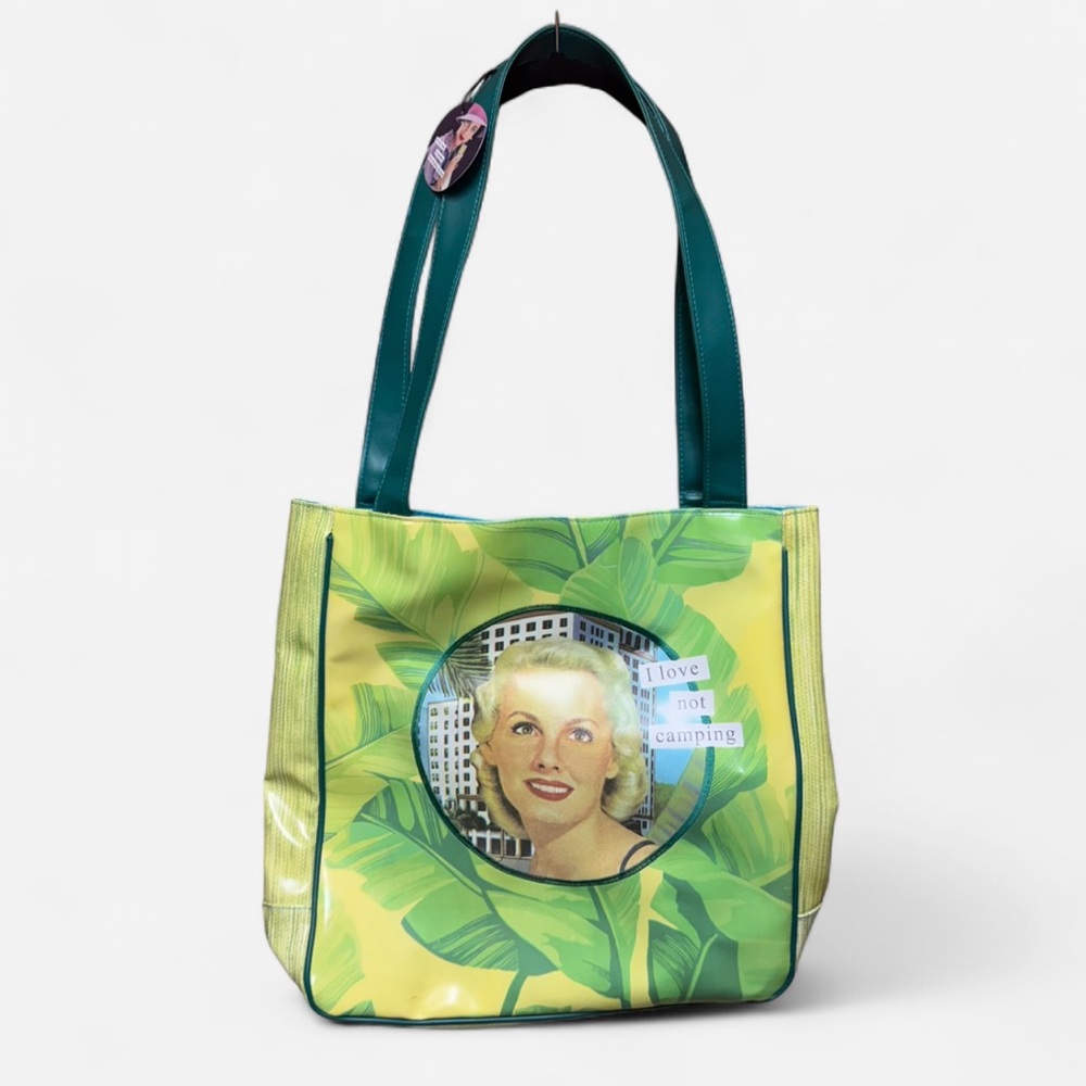 NWT Anne Taintor Green and Yellow “I Love Not Camping” Y2K Tote Bag